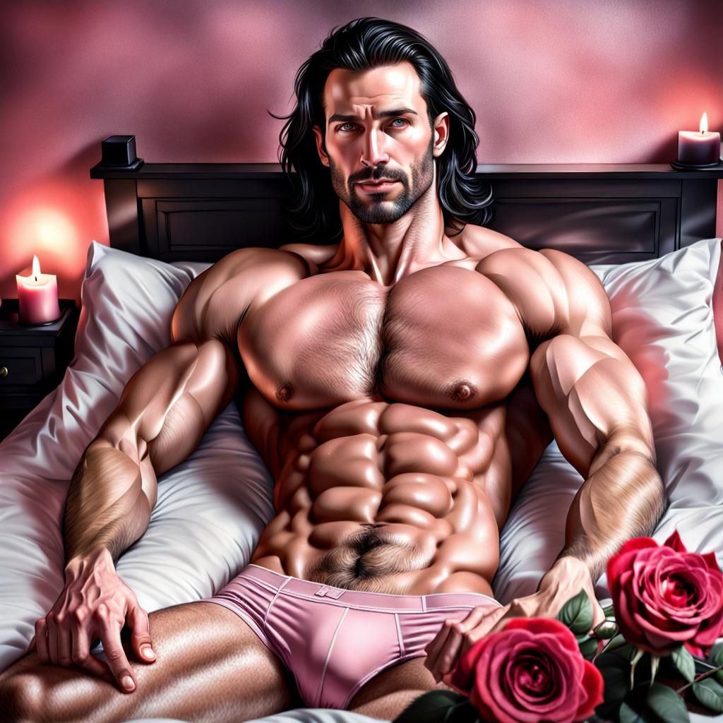 Two Handsome Men Affectionately Lying on Bed