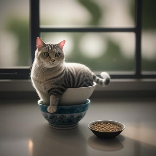 Delicate Ceramic Bowl of Cat Food: Product Photography
