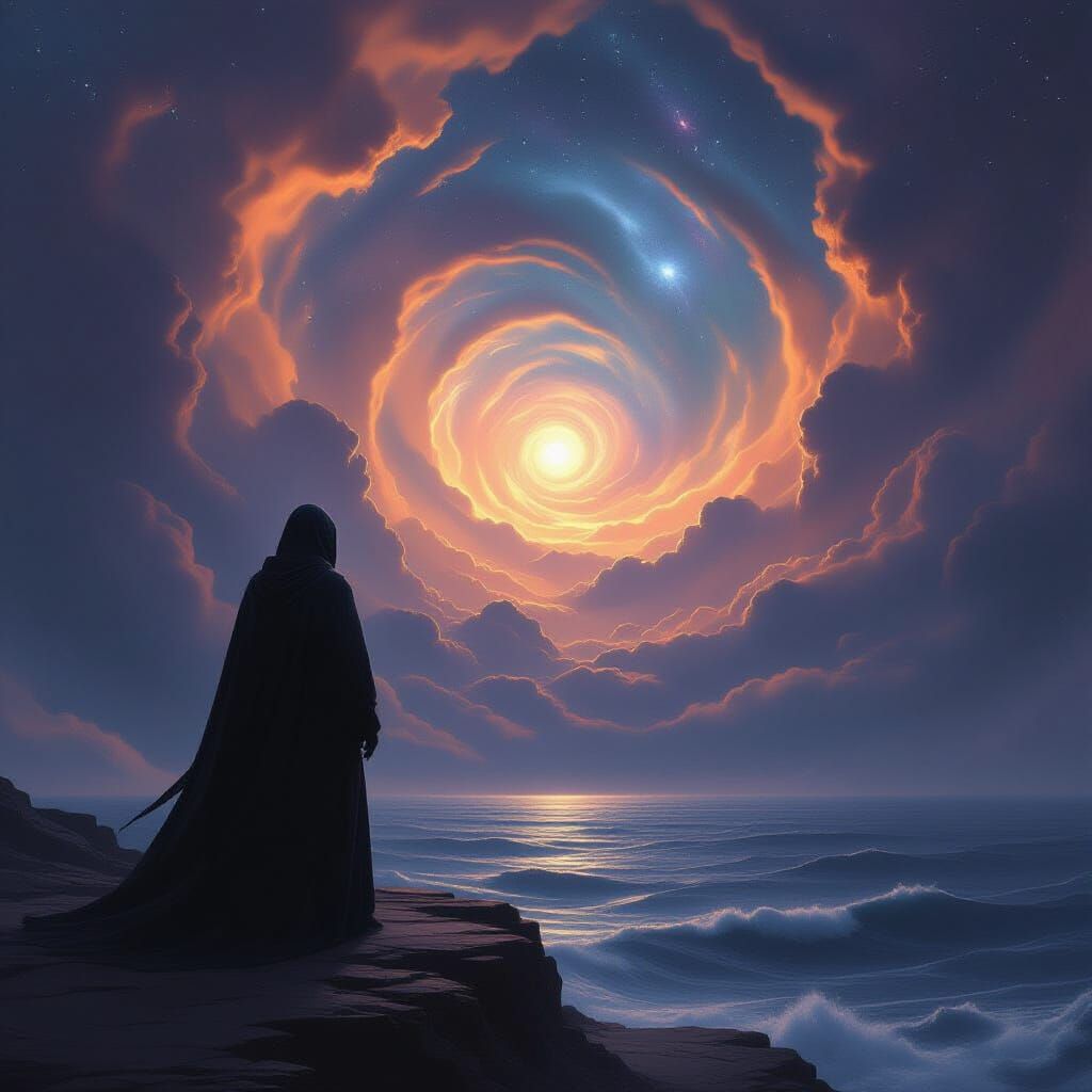Figure at Cosmic Ocean Precipice in Digital Painting Style