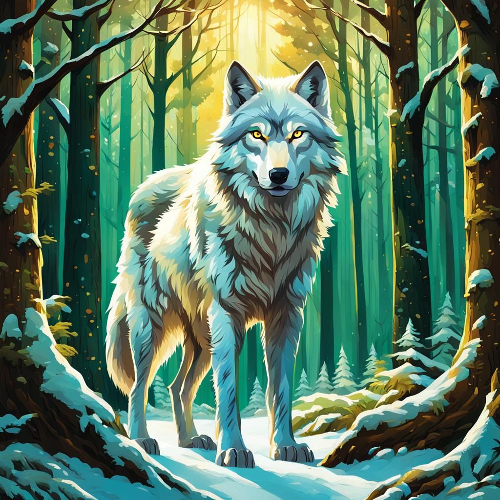 Majestic White Wolf in Lush Forest, Fantasy Art