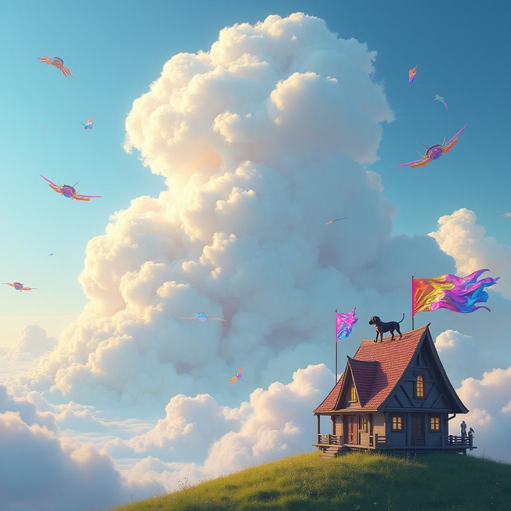 Dreamlike Cloudscape with Flags, Cars and Puppy