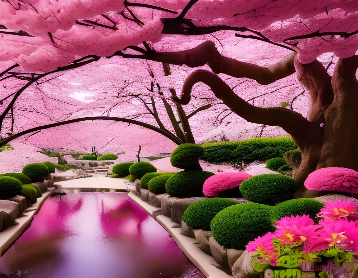 Serene Japanese Garden with Cherry Blossoms