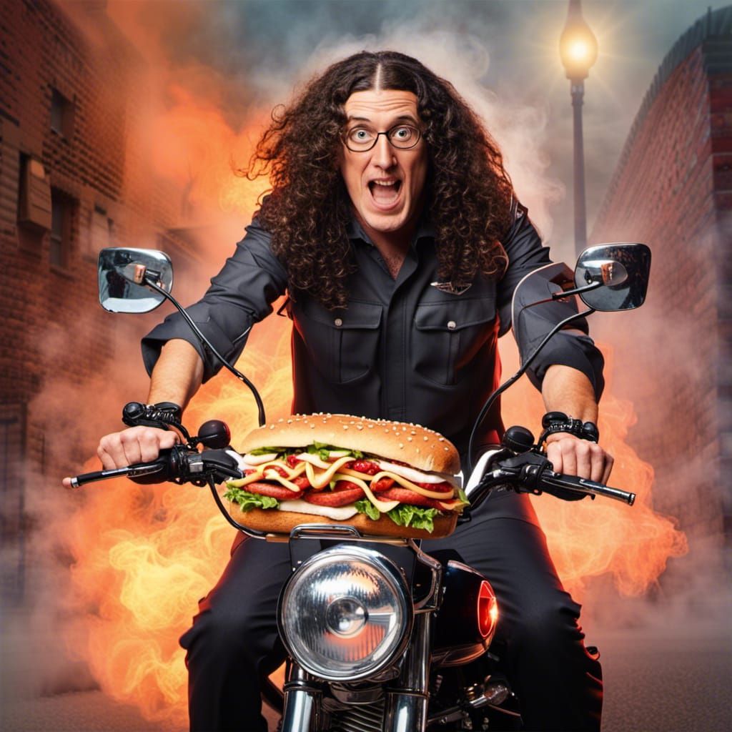 Weird Al Yankovic on Harley With Wacky Sandwich