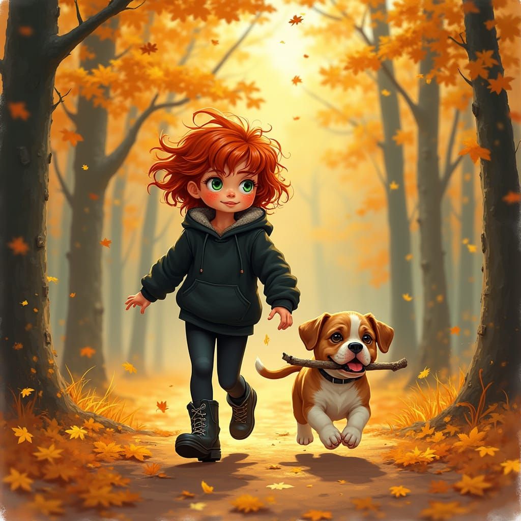 Little Red-Headed Girl Walks Through Autumn Forest with Her ...