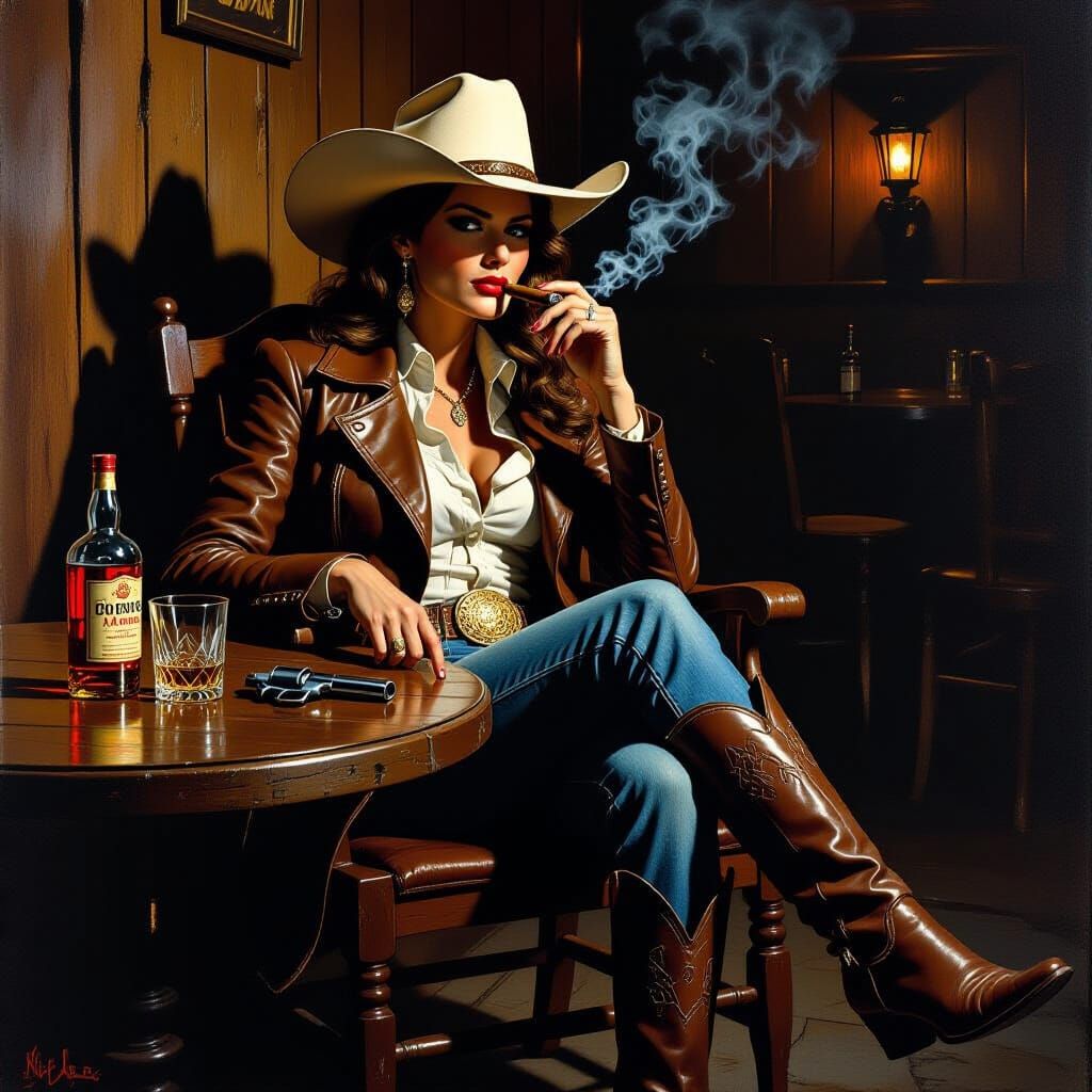 Cowgirl in Saloon, Vintage Pulp Art Style