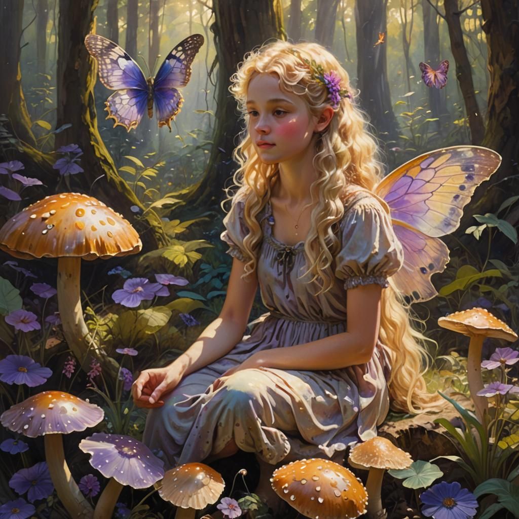 Girl with Fairy Wings in Dreamy Forest Painting