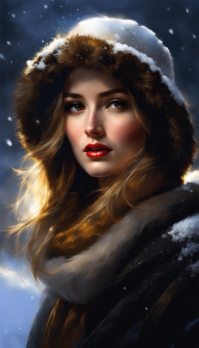 Beautiful female winter character by Pino Daeni, dark background, chiaroscuro effect, golden hour, best quality, stunnin...