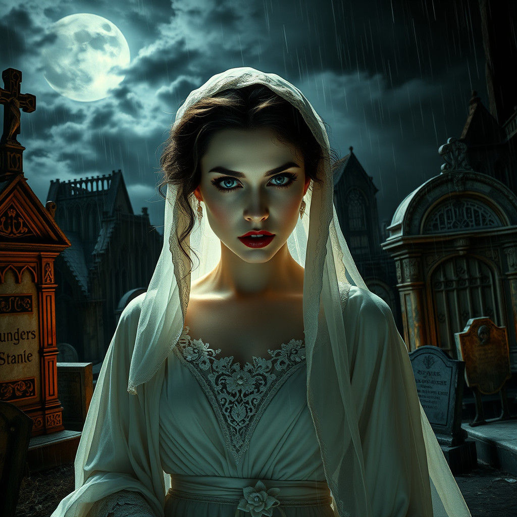 Victorian Vampire Bride Emerges from Gothic Forgotten Cemete...