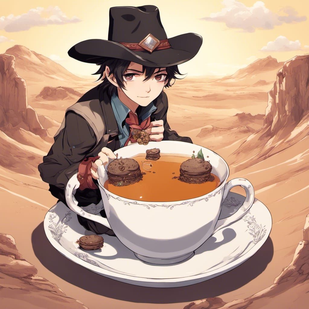 Cute Cowboy in Teacup, Anime Style Desert Scene