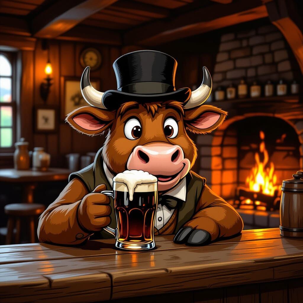 Cow Enjoys Pint at Cozy Pub in Folk Art Style