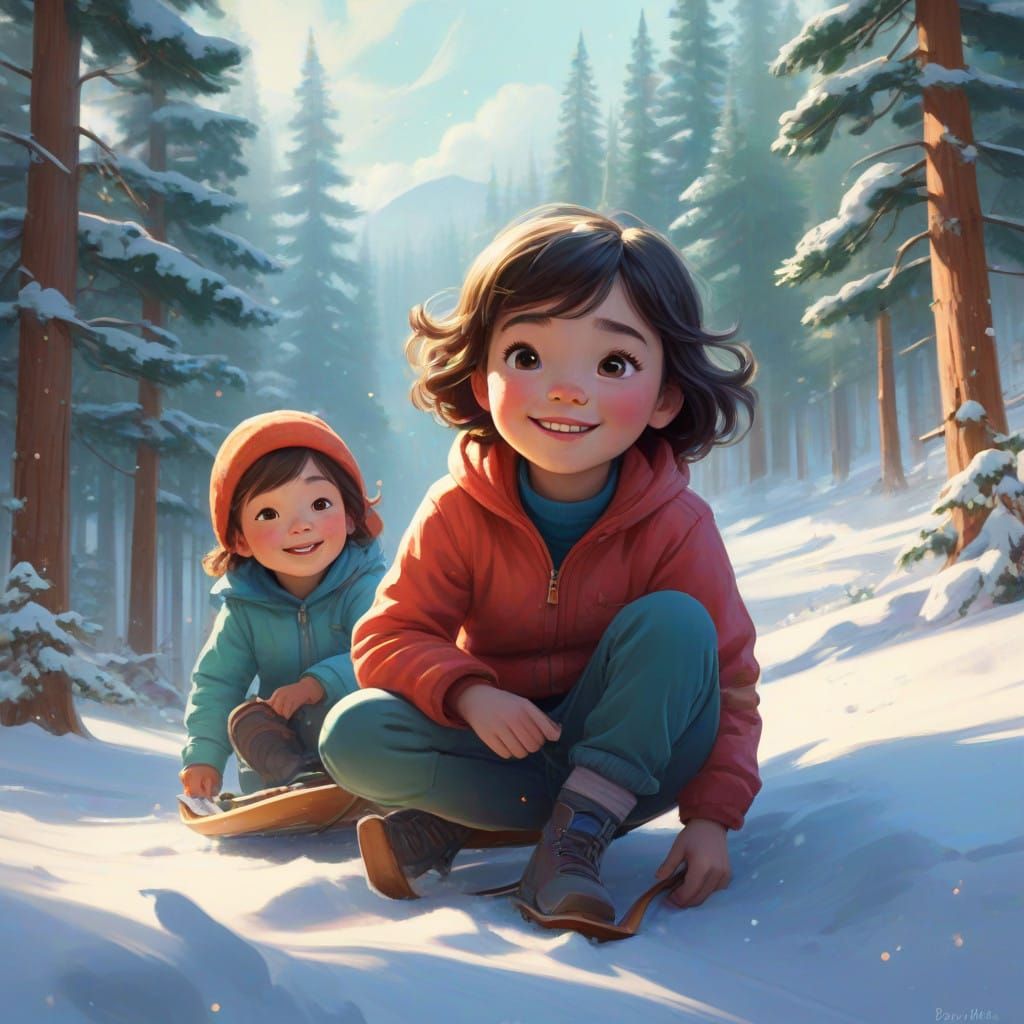 Whimsical Disney Winter Wonderland Scene with Happy Children...