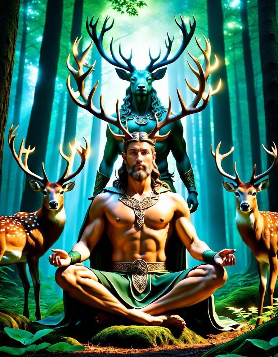 Celtic Stag God in Forest with Volumetric Lighting