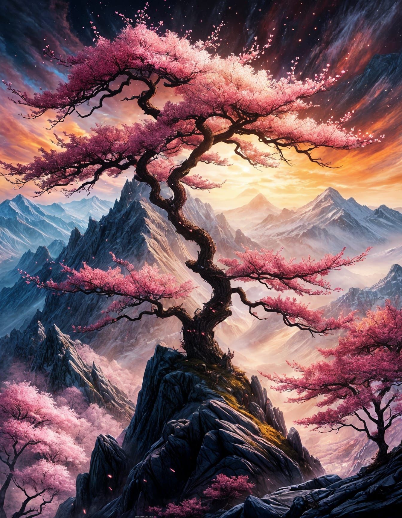 Magical Cherry Blossom on a Mountain, Psychedelic Art