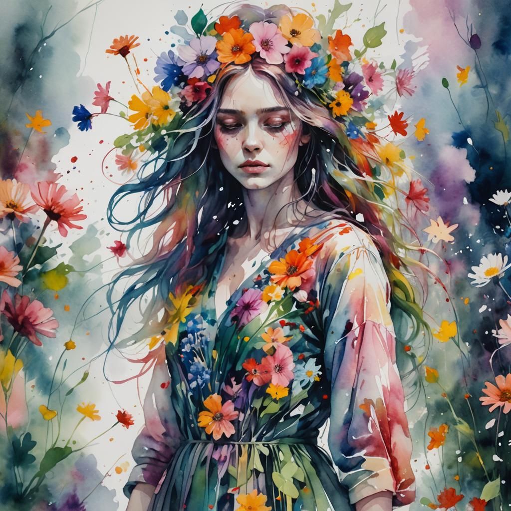 Floral Woman in Watercolor Style Concept Art