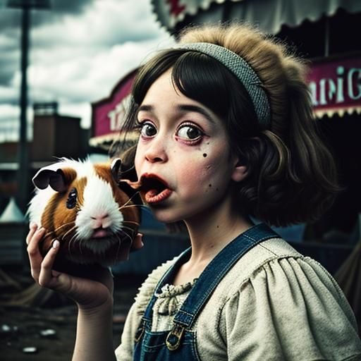 Surreal Feast: Woman, Guinea Pig, Abandoned Carnival