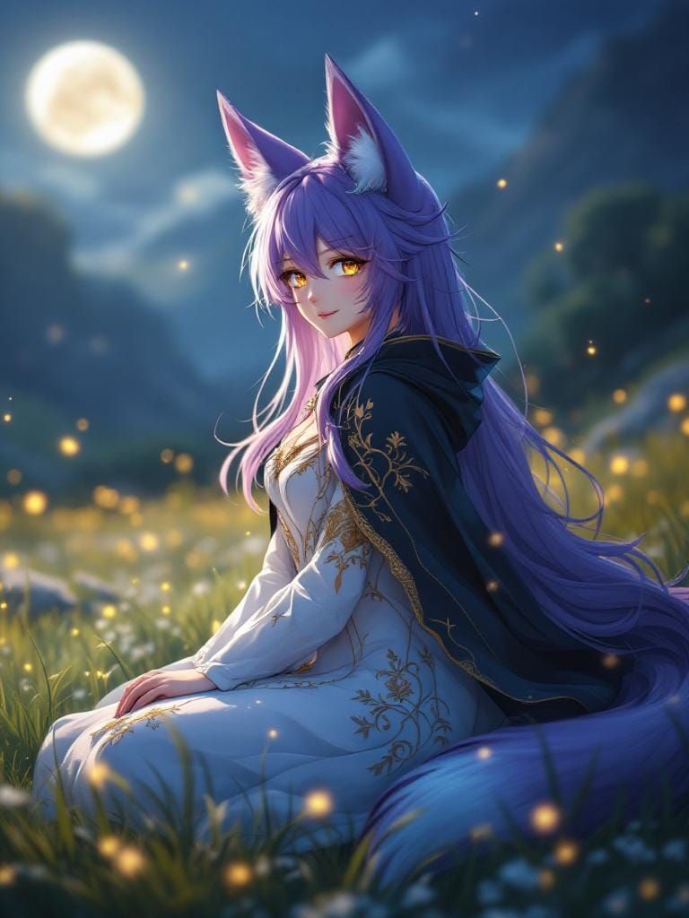 Anime Fox-Girl in Field of Fireflies
