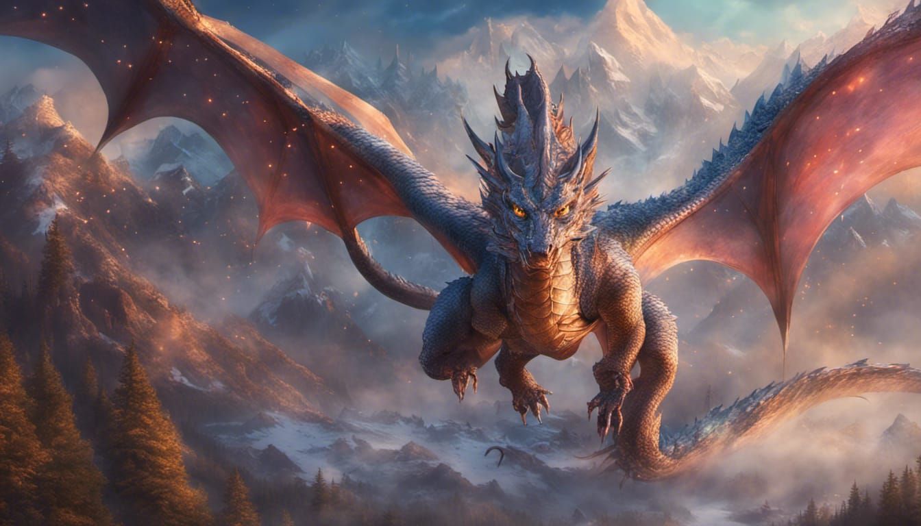 Dragon Soaring Among Floating Mountains in Fantasy Art