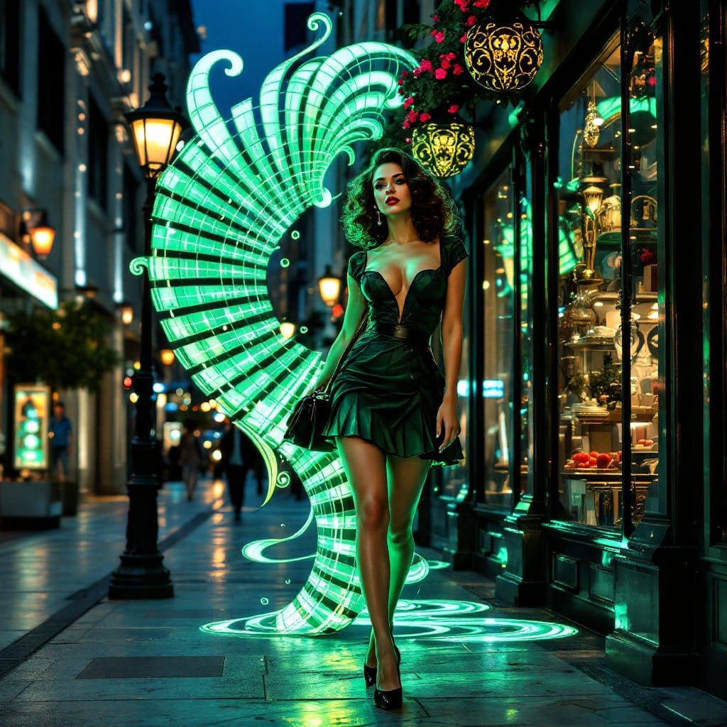 Art Nouveau Pin-Up Woman in Neon City