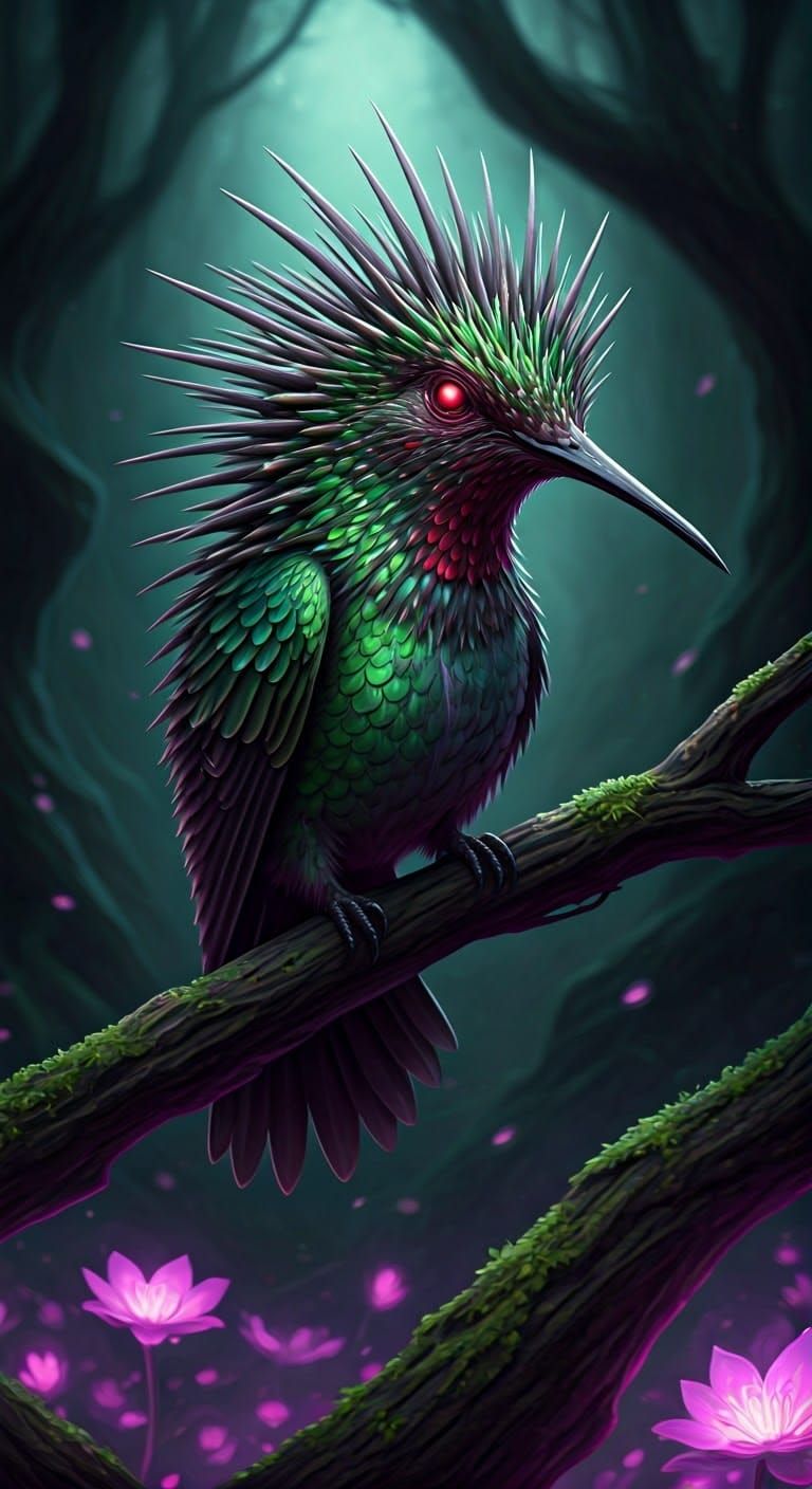 Demonic Hummingbird-Porcupine Hybrid in Dark Forest