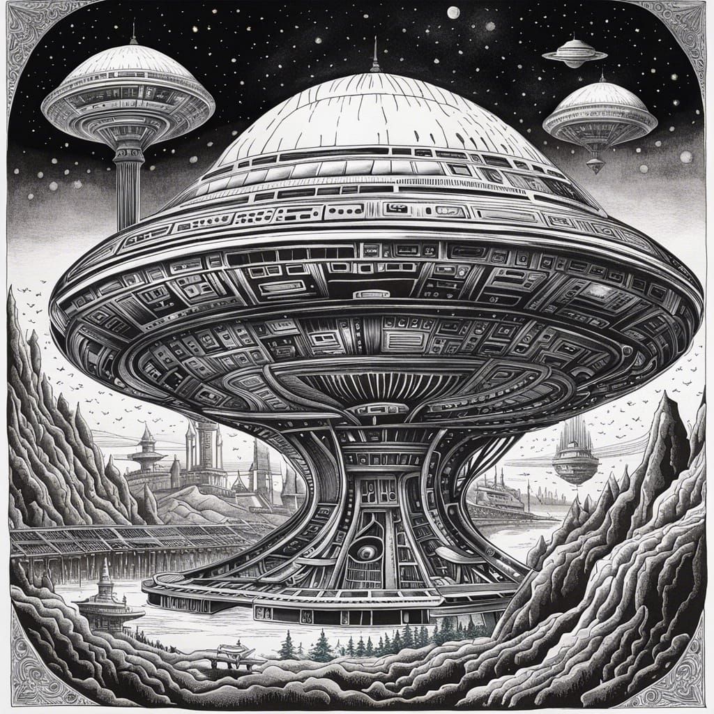 Detailed Black and White Alien Spaceship in Ink
