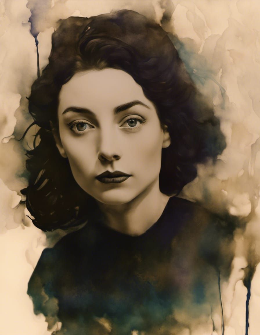 Surreal Portrait: Dark-Haired Woman in Vintage Style