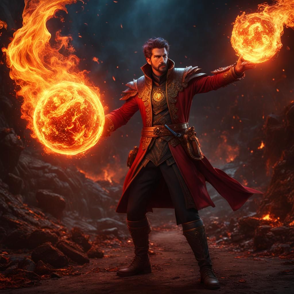 Man Holding Fireball: Detailed Fantasy Art
