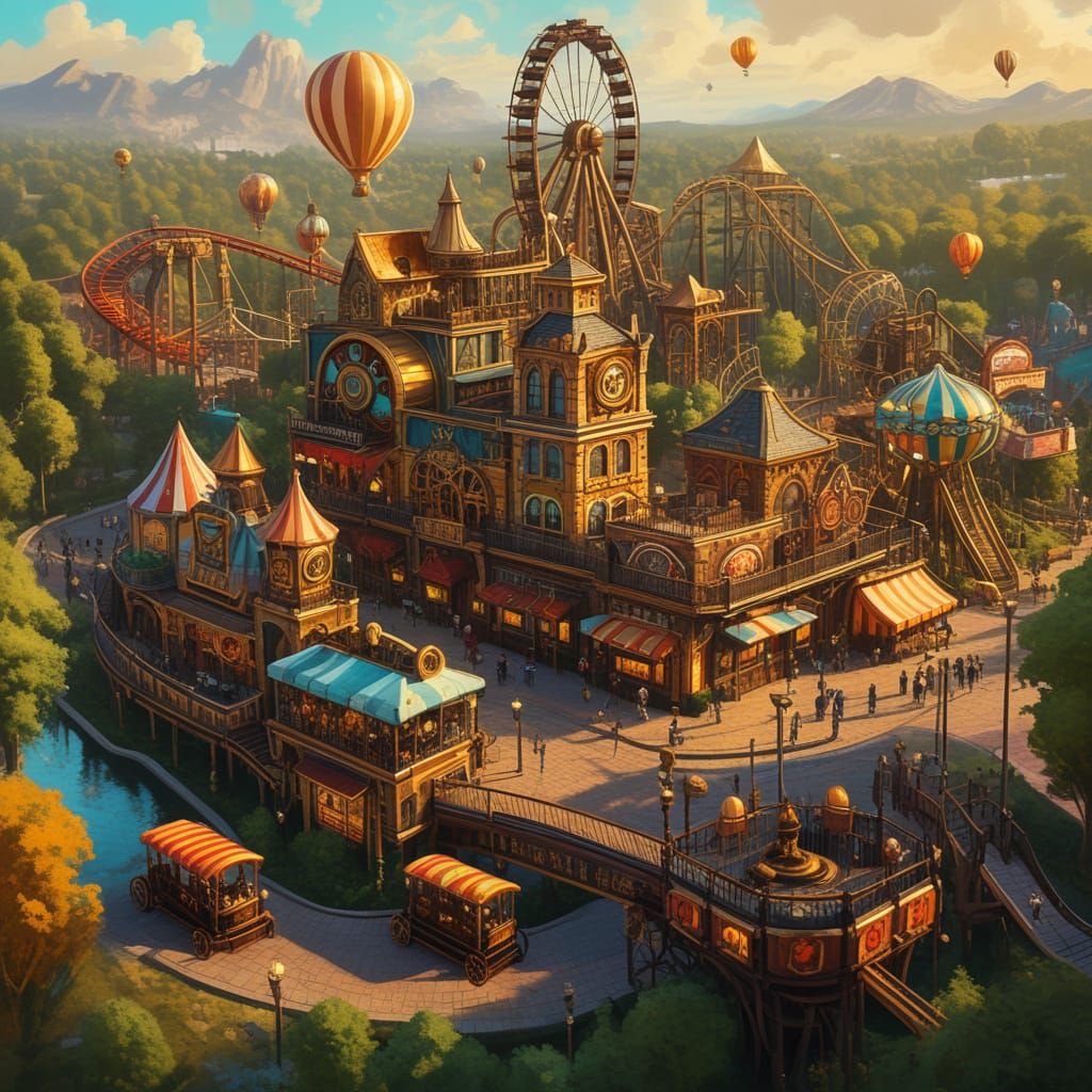 Steampunk Amusement Park in Golden Hour Glow