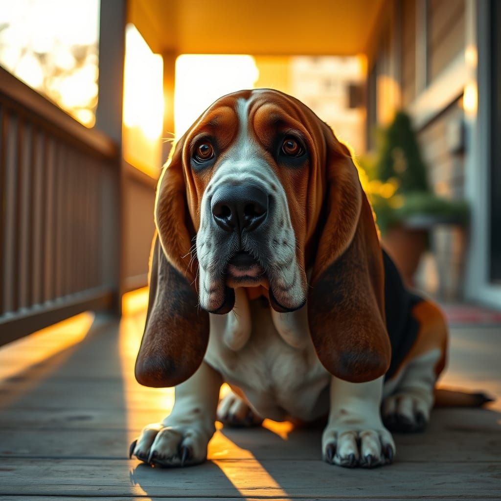 Basset Hound on Sunlit Porch in Golden Hour