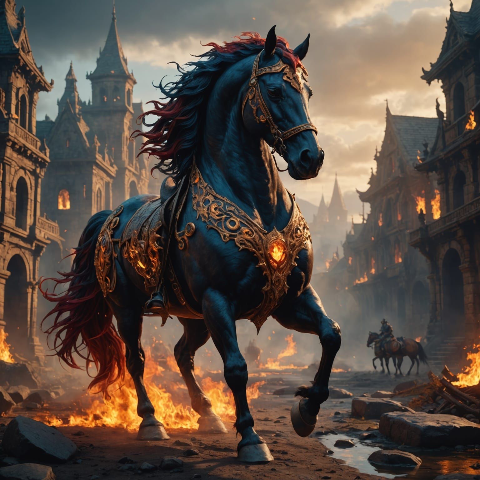 Fiery Horse in Detailed Matte Painting Style