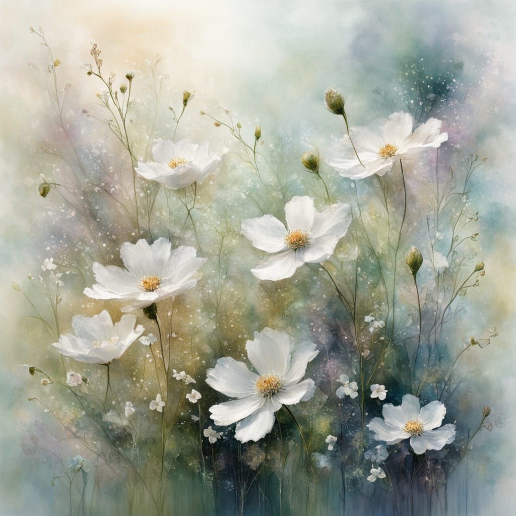 Dew-Kissed Flowers in Ethereal Mixed Media Style