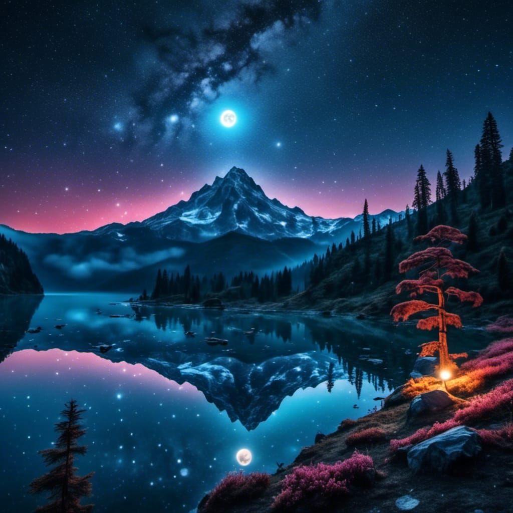 Pacific Northwest Lake at Night Under the Moon