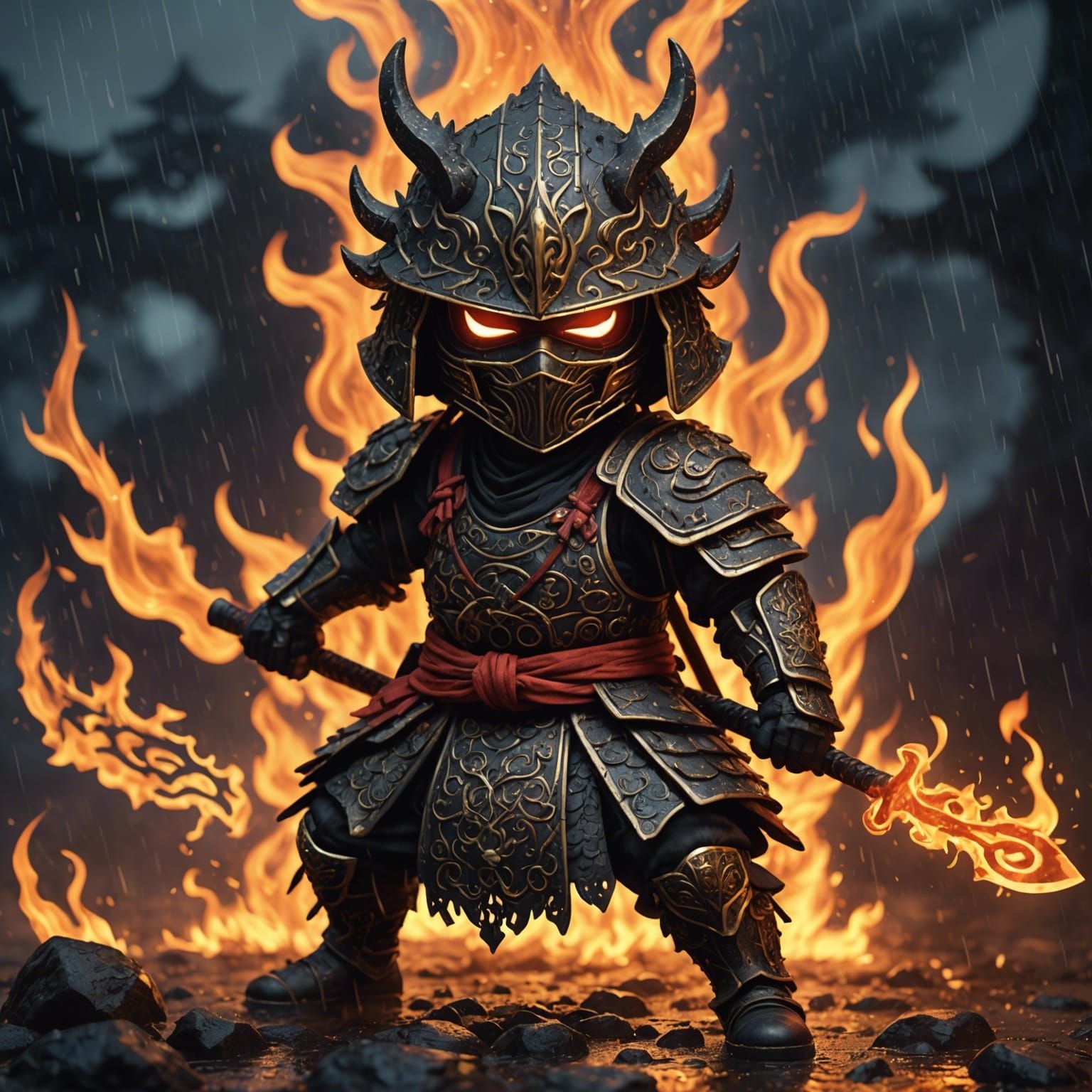Chibi Mycelium Samurai Warrior in Rain and Flames
