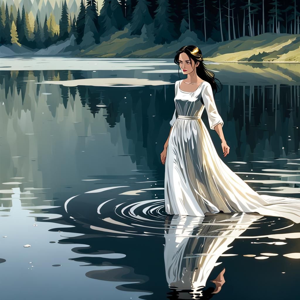 Sad Woman in Silver Dress Enters Lake