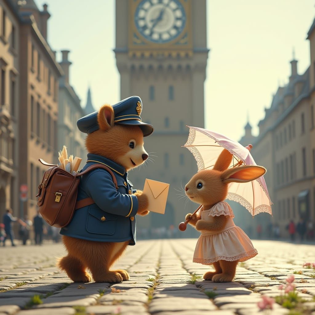 Charming Postman Bear Delivers Letter to Elegantly Dressed B...