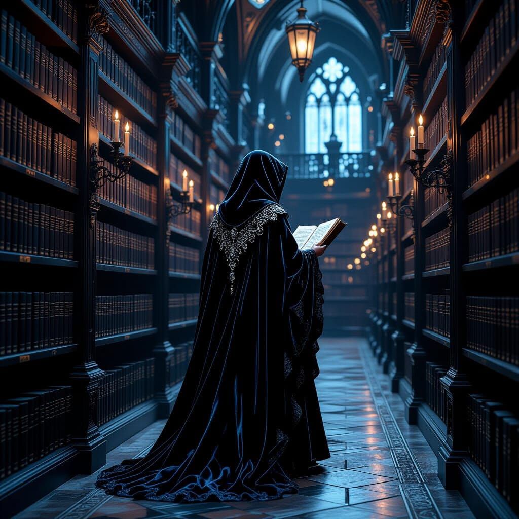 Gothic Library with Spectral Librarian in Dark Fantasy Style