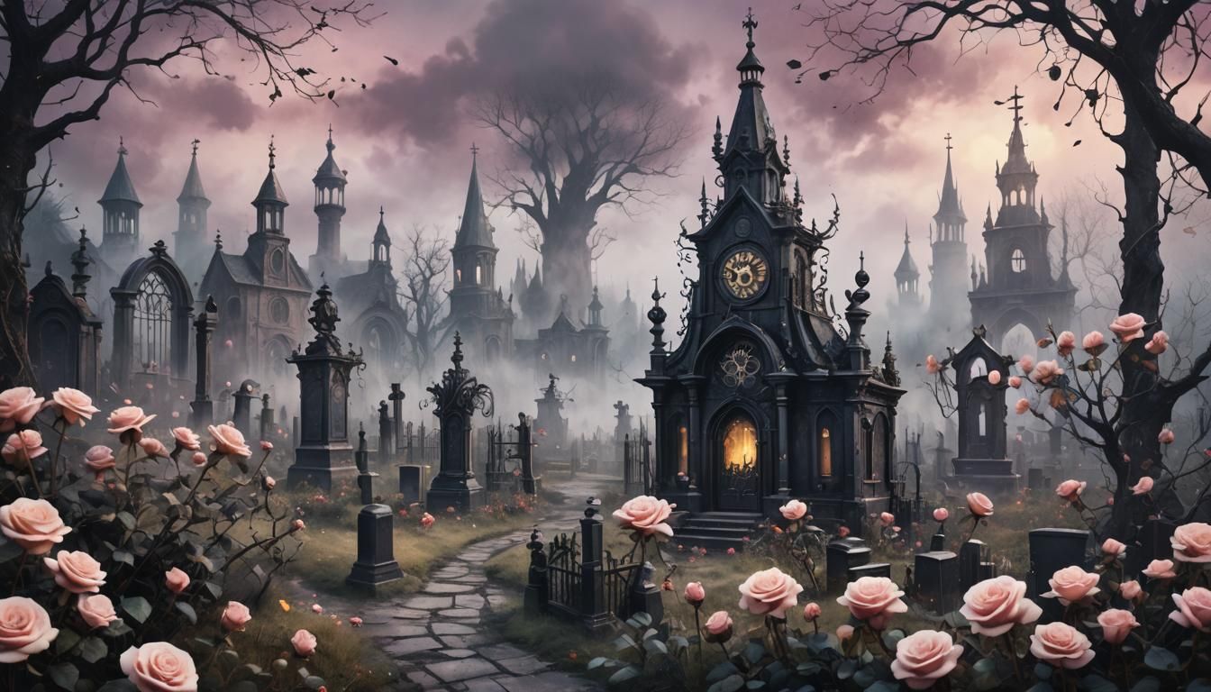 Goth Steampunk Graveyard in Dreamy Pastel Watercolor