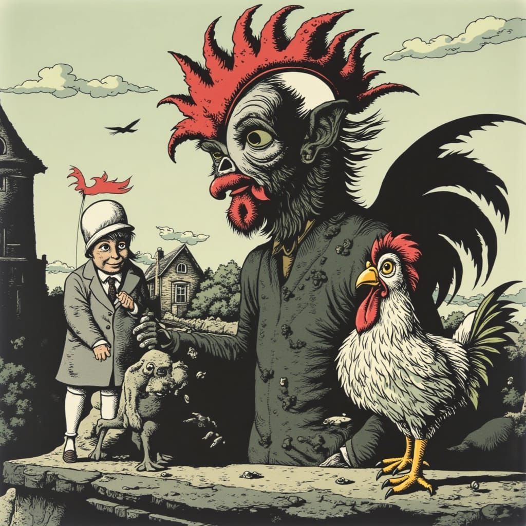 Glitching Roosters with Alfred in Hans Arnold Style