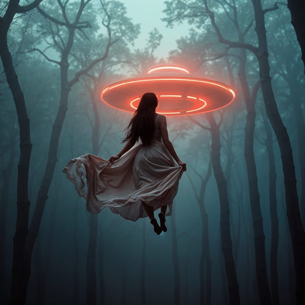 Surreal Abduction Scene in Vintage Pink