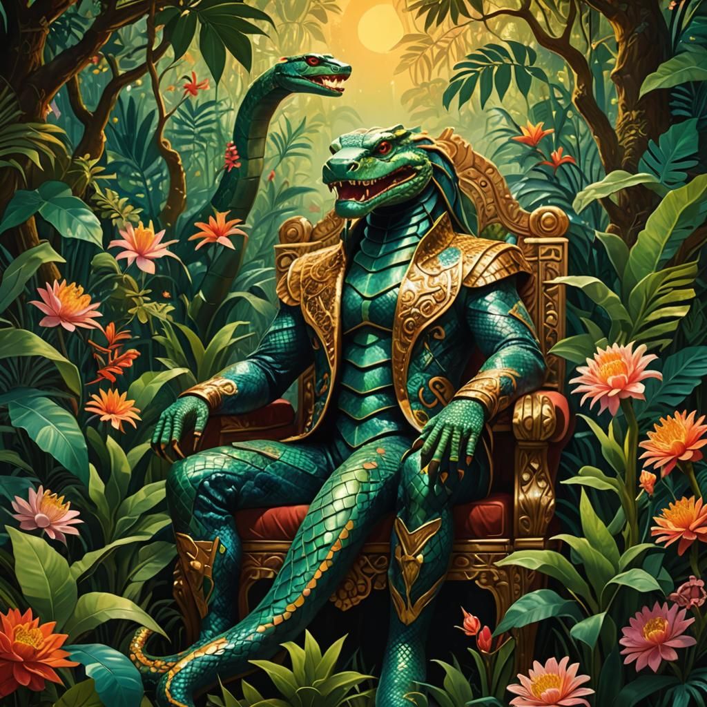The Snake King on His Throne: A Rousseau-Inspired Jungle Sce...