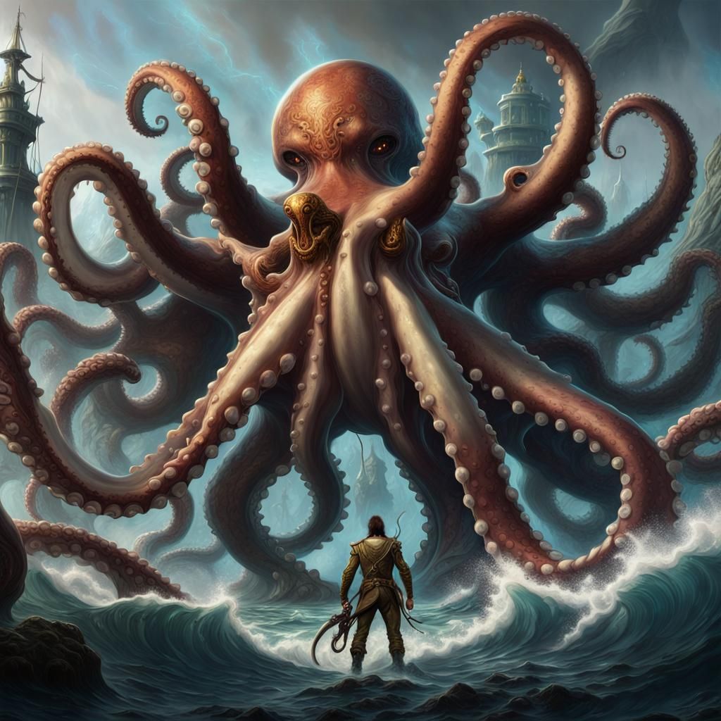 Warrior Versus Giant Octopus: Fantasy Concept Art
