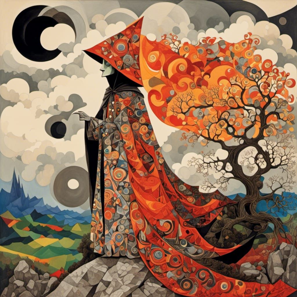 Hooded Figure in Mountainous Downpour, Engraving Style