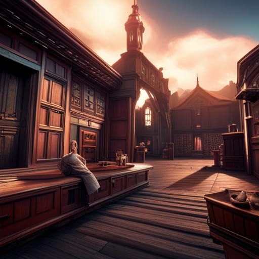 Lively Brothel Scene in Detailed Matte Painting Style