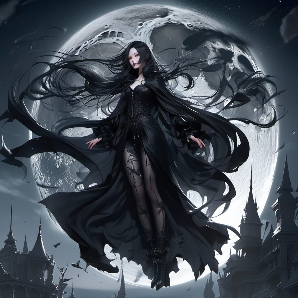 Anime Vampire Girl in Moonlight, Detailed Matte Painting