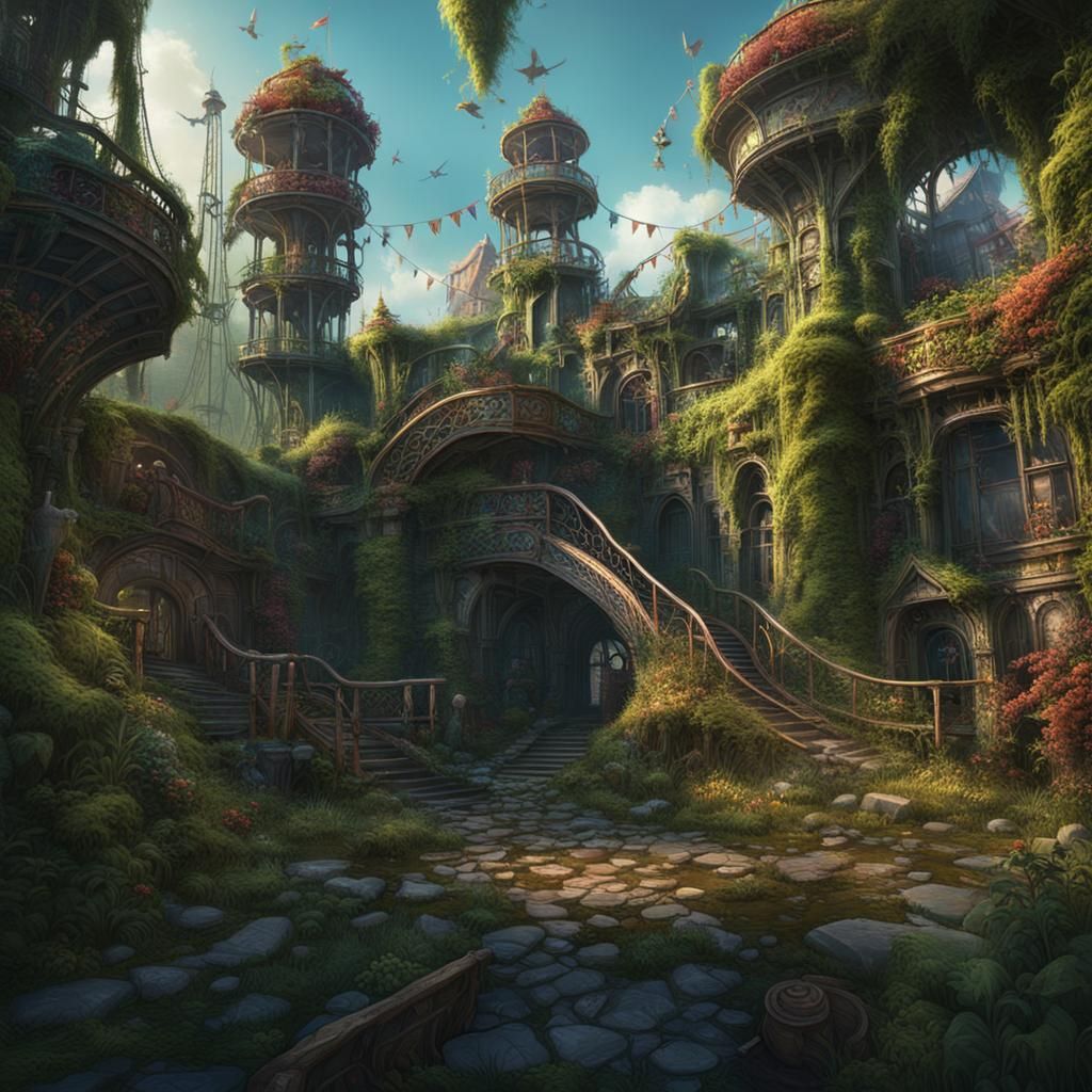 Overgrown Abandoned Theme Park Concept Art