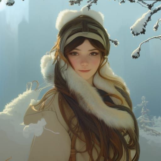 Squirrel in Winter Snow Gathers Nuts, Art Nouveau Style