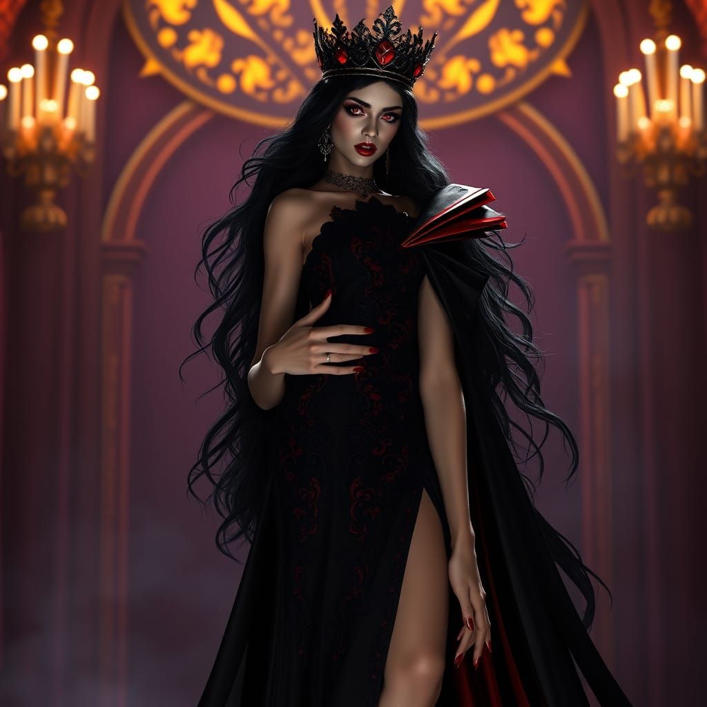 Ethereal Vampire Queen in Dramatic Black and Red Gown