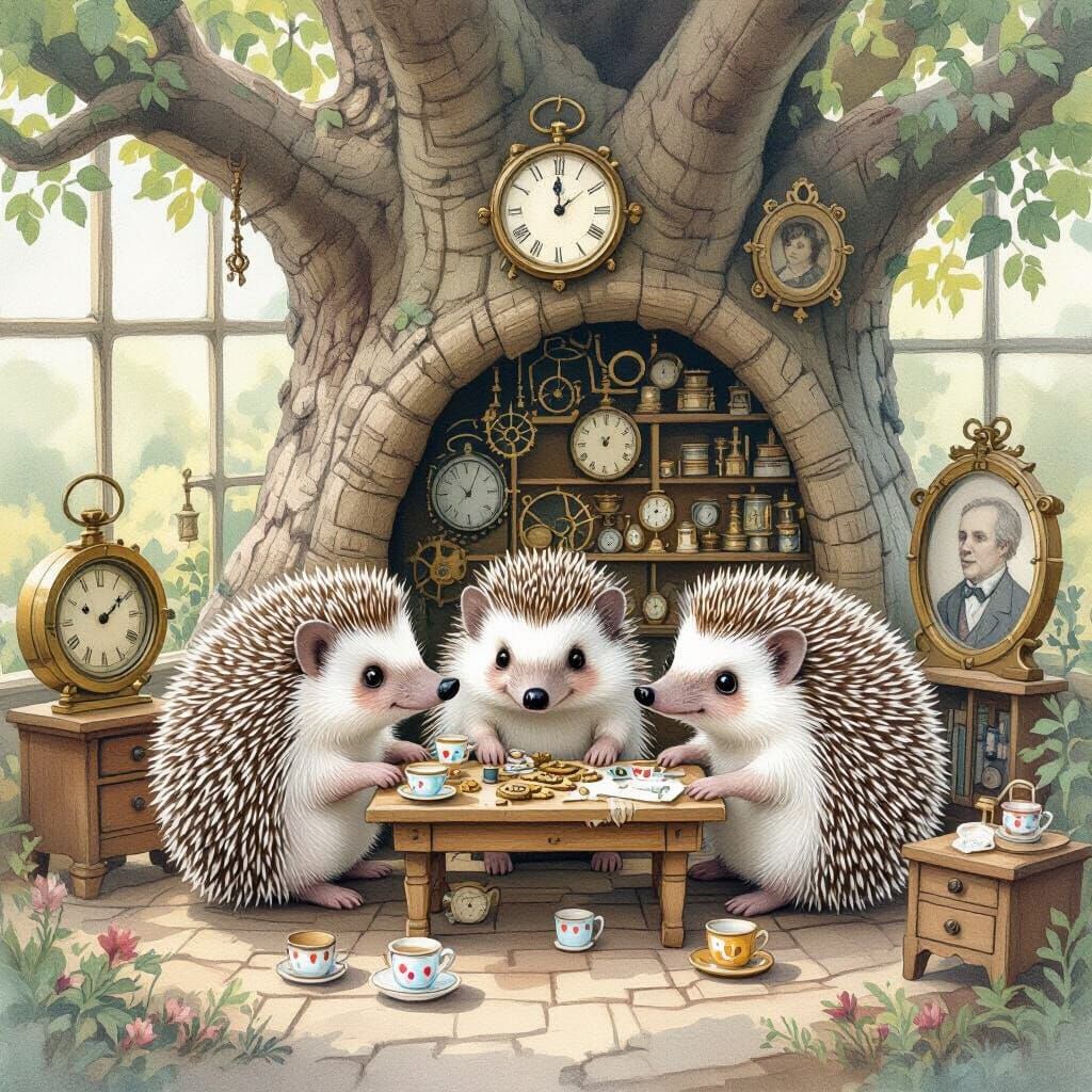Hedgehog Clockmakers in Baobab Tree, Watercolor Illustration
