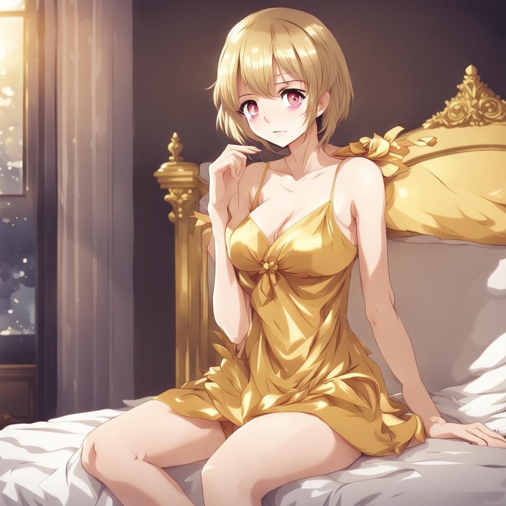 Anime Girl in Golden Dress on Bed