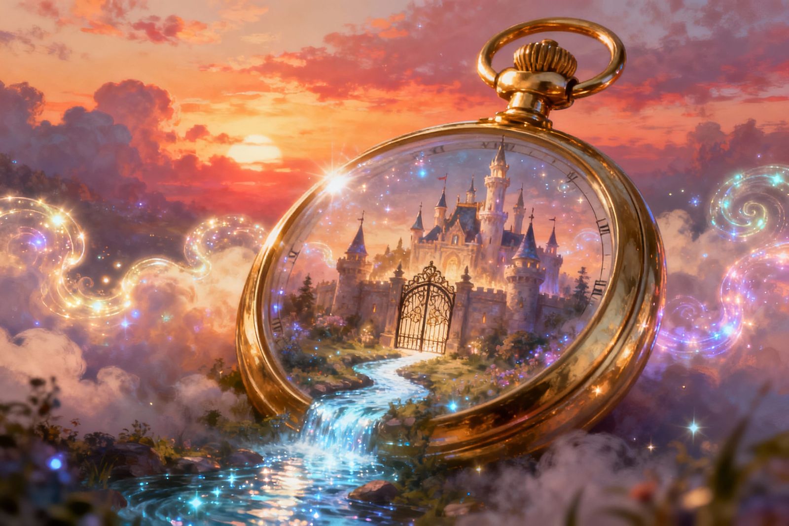 Fairytale Castle in Golden Pocket Watch at Sunset