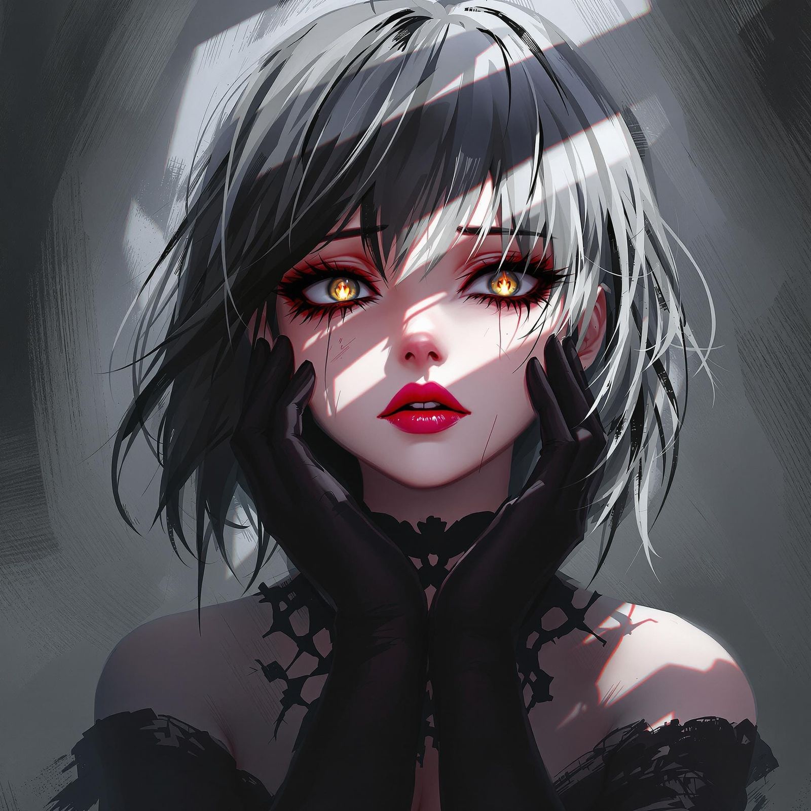 Anime Woman with Intense Eyes and Black Seams